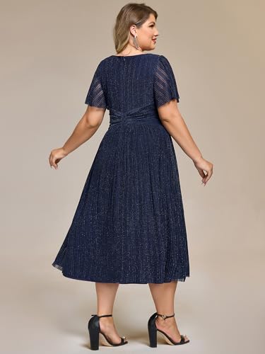 Women's V Neck Short Sleeves A Line Glitter Midi Plus Size Formal Wedding Guest Dresses