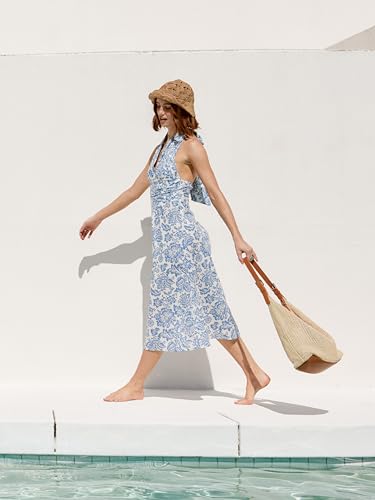 Santorini Beach Vacation V-Neck Halter Backless Floral Ruffle Midi Dress