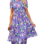 Women's Summer Causal Puff Short Sleeve Smocked Dress Elastic Waist Tiered Midi Dress with Pockets EP2