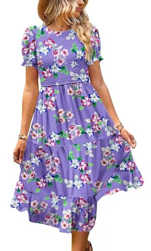 Women's Summer Causal Puff Short Sleeve Smocked Dress Elastic Waist Tiered Midi Dress with Pockets EP2