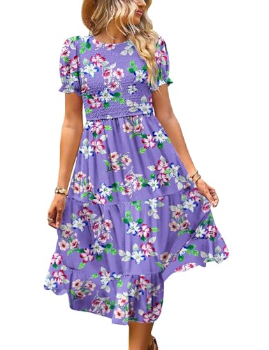Women's Summer Causal Puff Short Sleeve Smocked Dress Elastic Waist Tiered Midi Dress with Pockets EP2
