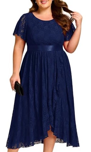 Women's Lace Round Neck Short Sleeves High Low Plus Size Midi Cocktail Wedding Guest Dresses
