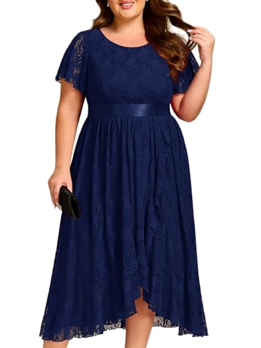 Women's Lace Round Neck Short Sleeves High Low Plus Size Midi Cocktail Wedding Guest Dresses