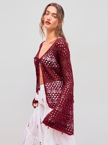 Womens Cardigans Hollow Out Crochet Bell Long Sleeve Tie Front Cover Ups Vacation Outfits