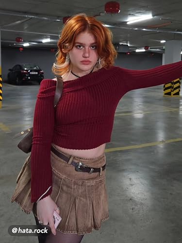 Off The Shoulder Tops for Womens Sexy Long Sleeve Going Out Tops Knit Cropped Top Trendy Slim Fit