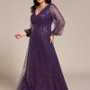 Women's A-Line V Neck Sheer Long Sleeves Plus Size Sequin Formal Dress 01999-DA