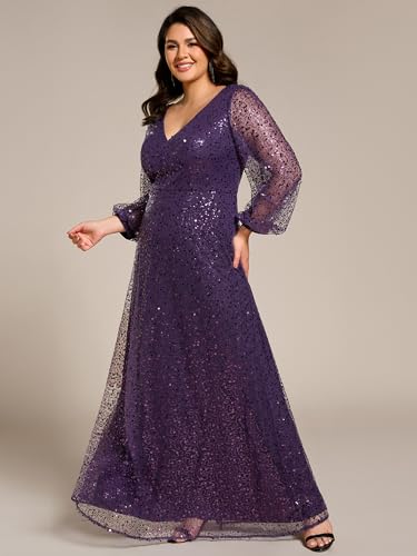 Women's A-Line V Neck Sheer Long Sleeves Plus Size Sequin Formal Dress 01999-DA