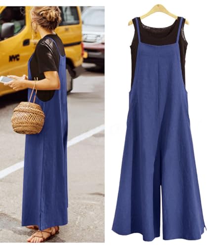 Women Casual Loose Long Bib Pants Wide Leg Jumpsuits Baggy Cotton Rompers Overalls with Pockets PZZTYP2