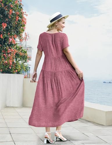 Women Casual Loose Bohemian Dress with Pockets Short Sleeve Long Maxi Summer Beach Swing Dresses