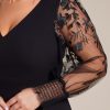 Women's V Neck Trendy Embroidered Long Sleeves A Line Chiffon Split Plus Size Formal Evening Dress 02251-DA