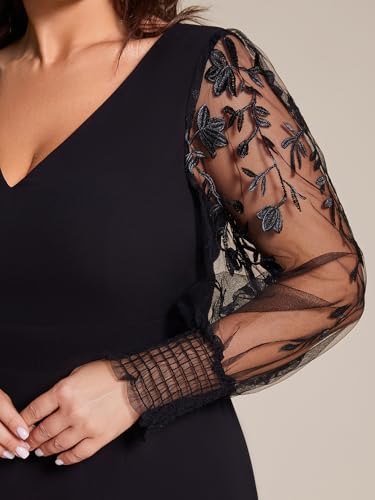 Women's V Neck Trendy Embroidered Long Sleeves A Line Chiffon Split Plus Size Formal Evening Dress 02251-DA