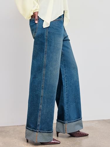 Women’s Baggy Jeans Straight Wide Leg High Waisted Fold Hem Denim Pants with Pockets
