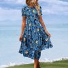 Women's Summer Causal Puff Short Sleeve Smocked Dress Elastic Waist Tiered Midi Dress with Pockets EP2