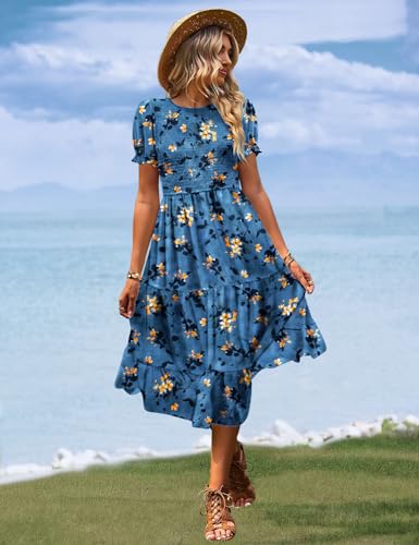 Women's Summer Causal Puff Short Sleeve Smocked Dress Elastic Waist Tiered Midi Dress with Pockets EP2