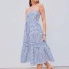 Womens Casual Dresses Strapless Tube Stripped Shirred A Line Blue Beach Vacation Midi Dress Maxi Skirts