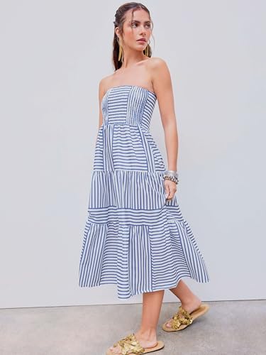 Womens Casual Dresses Strapless Tube Stripped Shirred A Line Blue Beach Vacation Midi Dress Maxi Skirts