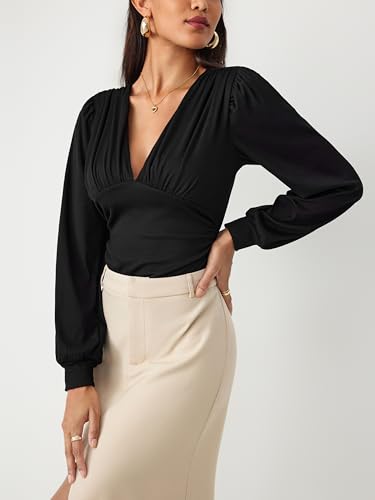Long Sleeve Body Suits Womens V Neck Bodysuits Ruched Pleated Corset Bodysuit Leotard Trendy