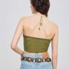 Halter Tops for Women Crochet Boho Backless Ruched Tie Back Vacation Beach Tank Crop Tops