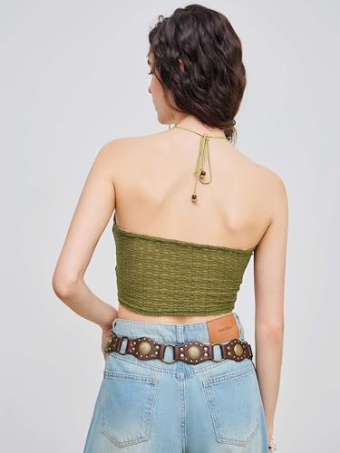 Halter Tops for Women Crochet Boho Backless Ruched Tie Back Vacation Beach Tank Crop Tops