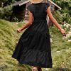 Women Summer Ruffle Cap Sleeve Casual Dress Smocked Bodice Maxi Dress with Pockets M E05 W Black