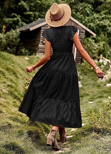Women Summer Ruffle Cap Sleeve Casual Dress Smocked Bodice Maxi Dress with Pockets M E05 W Black