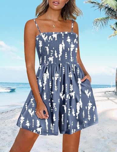 Women Summer Smocked Short Overalls Casual Boho Floral Rompers Spaghetti Straps Beach Jumpsuits with Pockets PH0