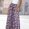 Women Wide Leg Pants High Waisted Floral Boho Palazzo Culottes Casual Flowy Tie Knot Trousers with Pockets PPS