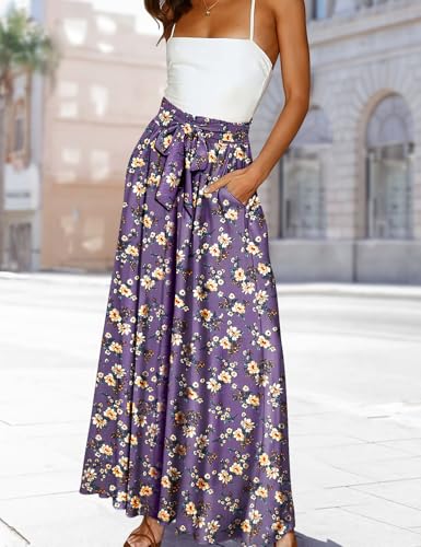 Women Wide Leg Pants High Waisted Floral Boho Palazzo Culottes Casual Flowy Tie Knot Trousers with Pockets PPS