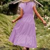 Women Summer Ruffle Cap Sleeve Casual Dress Smocked Bodice Maxi Dress with Pockets S E05 W Purple