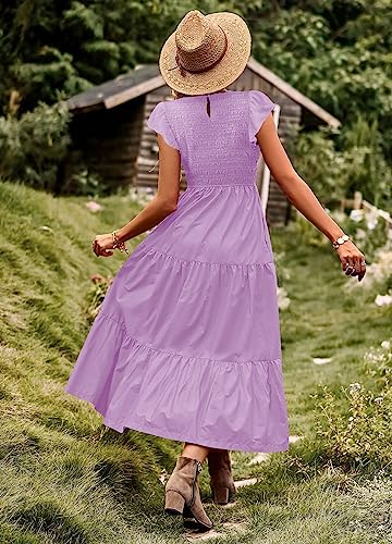 Women Summer Ruffle Cap Sleeve Casual Dress Smocked Bodice Maxi Dress with Pockets S E05 W Purple