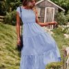 Women Summer Ruffle Cap Sleeve Casual Dress Smocked Bodice Maxi Dress with Pockets 2XL E05 W Light Blue