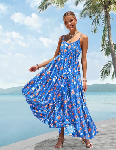 Summer Bohemian Floral Dresses for Women Spaghetti Straps Maxi Dress Casual Flowy Dresses with Pockets ES0
