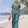 Women's Two Piece Outfits Summer Casual Floral Short Sleeve Slit Wide Leg Pants Set Vacation Airport Clothes CS1