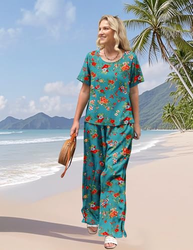 Women's Two Piece Outfits Summer Casual Floral Short Sleeve Slit Wide Leg Pants Set Vacation Airport Clothes CS1