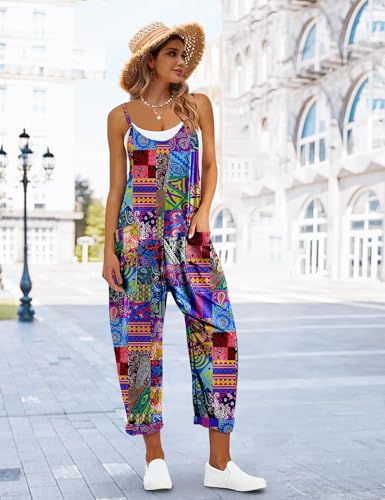 Women's Casual Floral Jumpsuits Spaghetti Straps Sleeveless Boho Summer Loose Harem Overalls Rompers with Pockets PZU