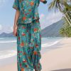 Women's Two Piece Outfits Summer Casual Floral Short Sleeve Slit Wide Leg Pants Set Vacation Airport Clothes CS1