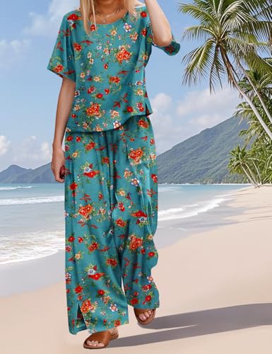 Women's Two Piece Outfits Summer Casual Floral Short Sleeve Slit Wide Leg Pants Set Vacation Airport Clothes CS1