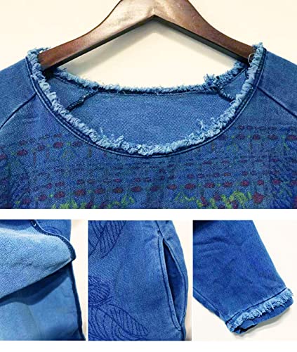 Women Long Loose Fit Sweatshirt Dress Ombre Ethnic Printed 4/5 Sleeve Side Slit with Pockets Tunic Pullover JGP