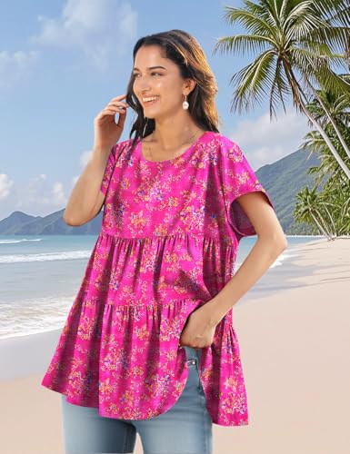 Women's Casual Short Sleeve Shirts Summer Floral Loose Tiered Swing Tunics Tops Blouses BEL
