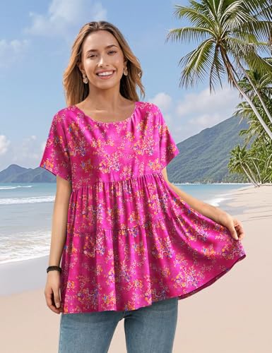 Women's Casual Short Sleeve Shirts Summer Floral Loose Tiered Swing Tunics Tops Blouses BEL