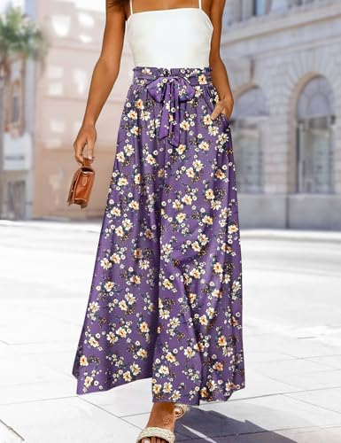Women Wide Leg Pants High Waisted Floral Boho Palazzo Culottes Casual Flowy Tie Knot Trousers with Pockets PPS