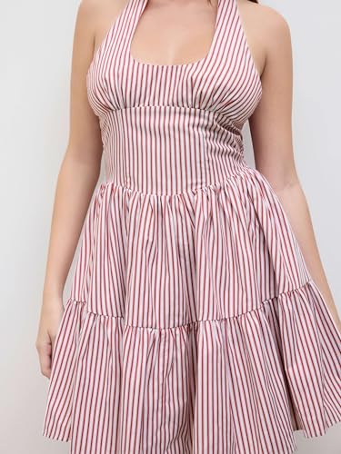 Women's Halter Mini Dress for Summer Striped Sleeveless Shirred Ruffle Dress Sexy Cute Vacation Outfits