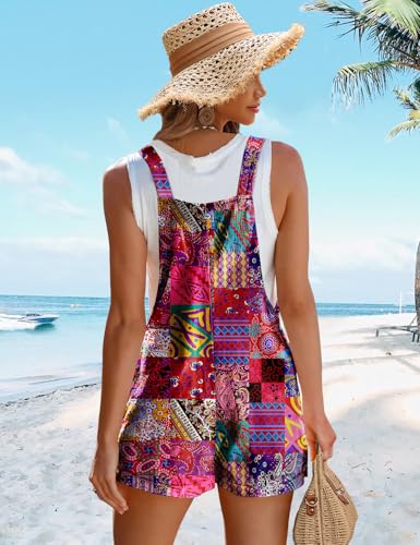 Women's Summer Casual Rompers Boho Floral Short Overalls Adjustable Tie Knot Straps Loose Jumpsuits with Pockets PHY