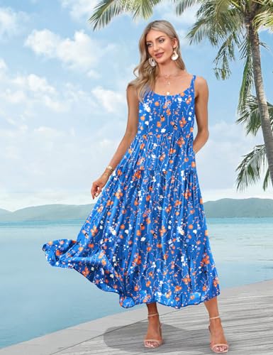 Summer Bohemian Floral Dresses for Women Spaghetti Straps Maxi Dress Casual Flowy Dresses with Pockets ES0