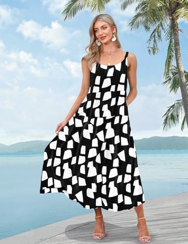 Summer Bohemian Floral Dresses for Women Spaghetti Straps Maxi Dress Casual Flowy Dresses with Pockets ES0