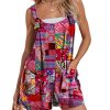Women's Summer Casual Rompers Boho Floral Short Overalls Adjustable Tie Knot Straps Loose Jumpsuits with Pockets PHY