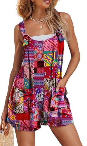 Women's Summer Casual Rompers Boho Floral Short Overalls Adjustable Tie Knot Straps Loose Jumpsuits with Pockets PHY