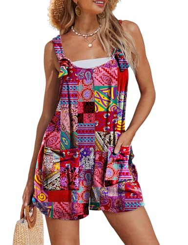 Women's Summer Casual Rompers Boho Floral Short Overalls Adjustable Tie Knot Straps Loose Jumpsuits with Pockets PHY