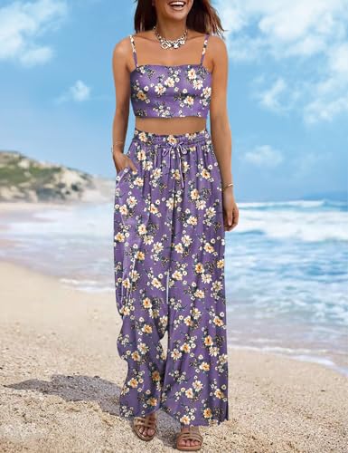 Women Summer Boho Palazzo Pants 2024 High Waist Wide Leg Floral Casual Cotton Lounge Trousers with Pockets 2XL PP0 CR008