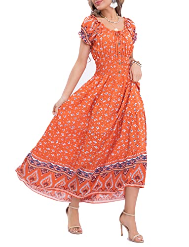 Women's 2025 Summer Short Sleeves Boho Floral Print Tiered Casual Flowy Long Maxi Dress